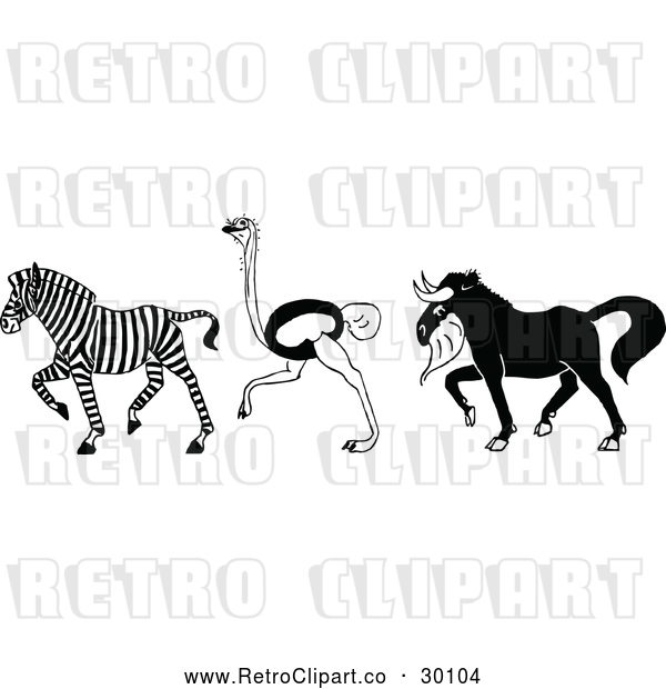 Vector Clip Art of Retro Zebra Ostrich and Horned Beast