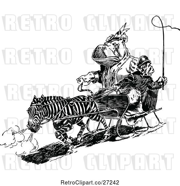 Vector Clip Art of Retro Zebra Pulling a Hippo and Monkey in a Carriage