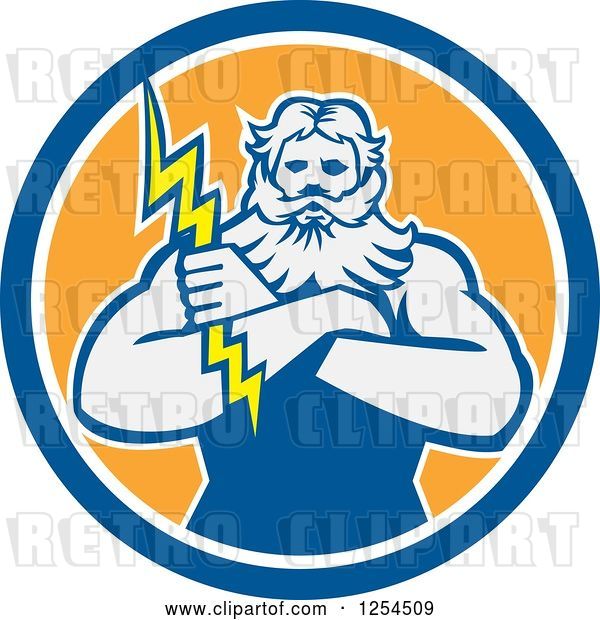 Vector Clip Art of Retro Zeus Holding a Thunder Bolt in a Blue and Orange Circle