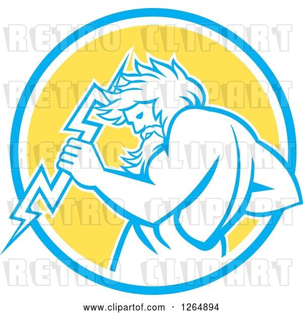 Vector Clip Art of Retro Zeus Holding a Thunder Bolt in a Blue White and Yellow Circle