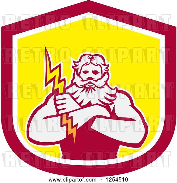 Vector Clip Art of Retro Zeus Holding a Thunder Bolt in a Red and Yellow Shield