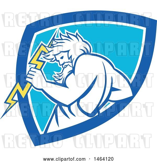 Vector Clip Art of Retro Zeus Holding a Thunder Bolt in a White and Blue Shield