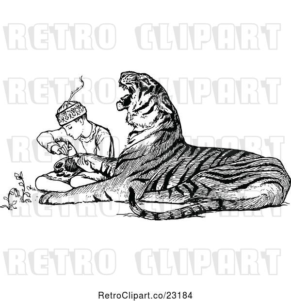Vector Clip Art of Retro Zookeeper Tending to an Injured Tiger