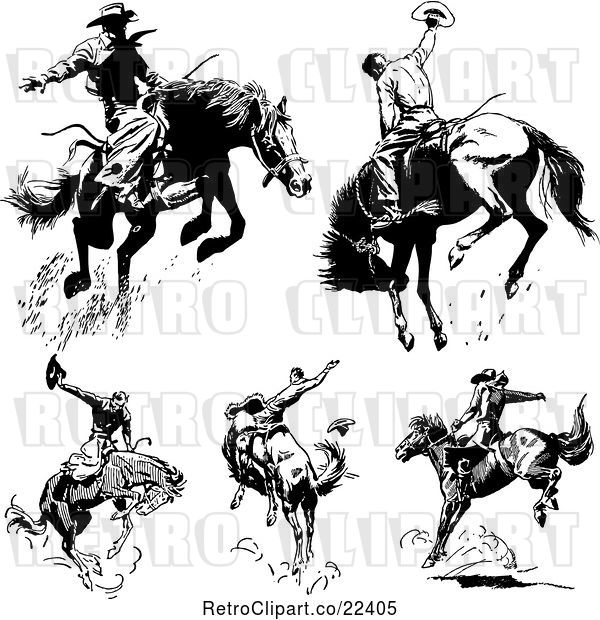 Vector Clip Art of Rodeo Cowboys on Bucking Horses