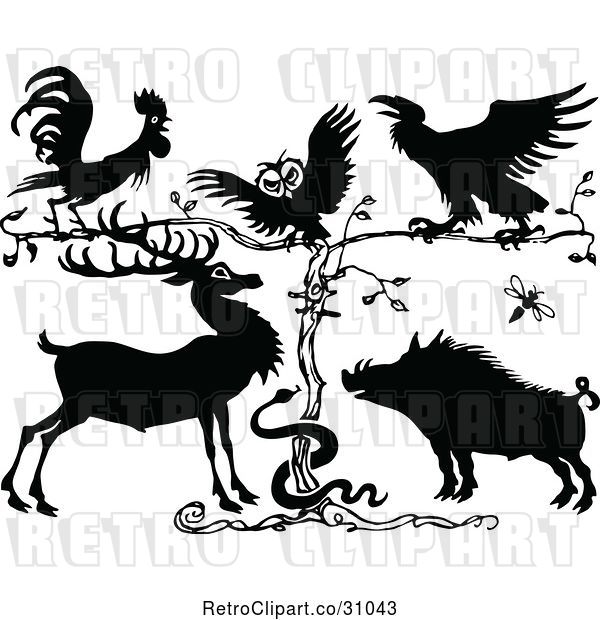 Vector Clip Art of Rooster Owl Crow Deer Snake and Pig by a Tree