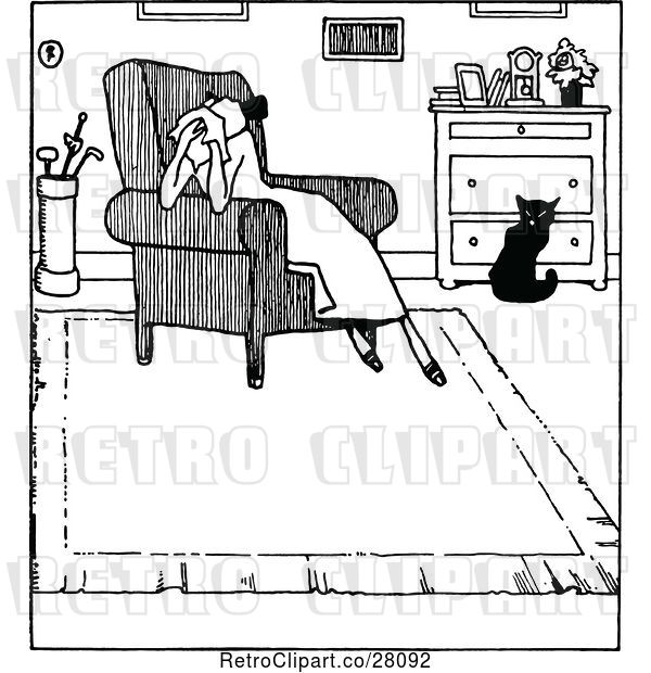 Vector Clip Art of Sad Lady in an Arm Chair by a Cat