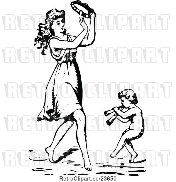 Vector Clip Art of Sketched Lady Playing a Tambourine and Dancing with a Cherub
