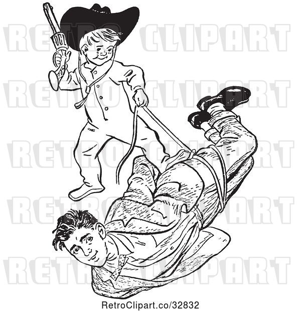 Vector Clip Art of Teenage Boy Playing Cowboys with His Girlfriends Little Brother