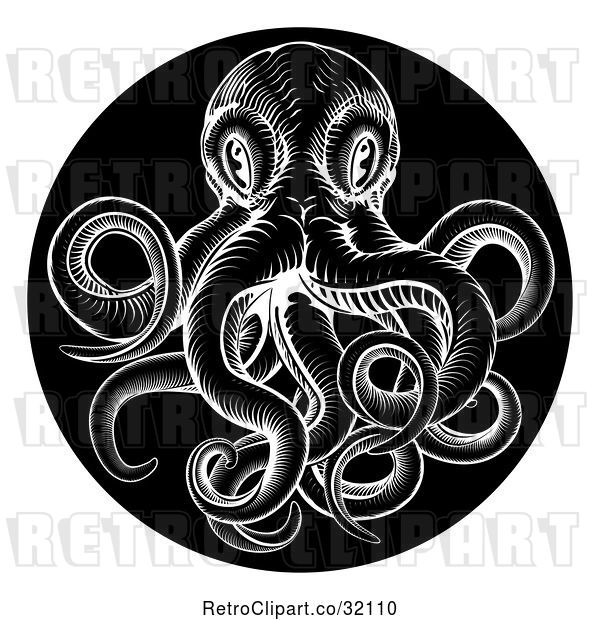 Vector Clip Art of Woodcut Octopus in a Black Circle
