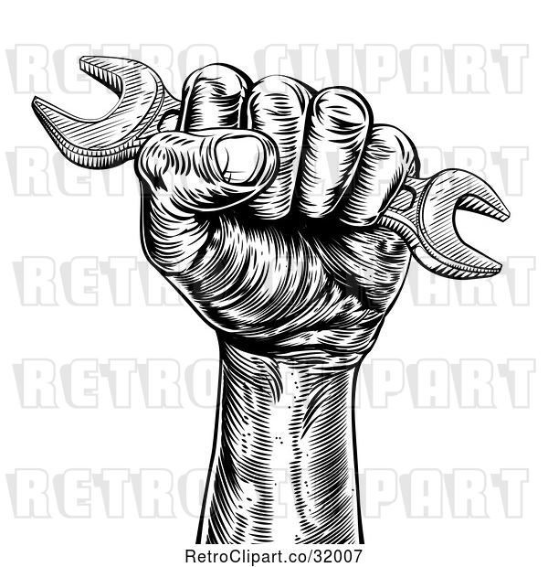 Vector Clip Art of Woodcut or Engraved Fisted Hand Holding up a Spanner Wrench