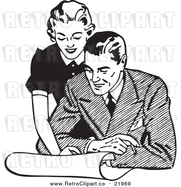 Vector Clipart Couple Looking over Blueprints