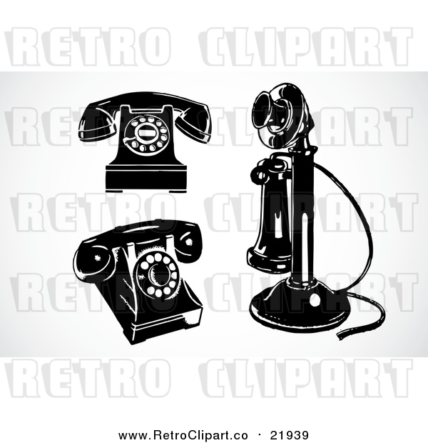 Vector Clipart of 3 Retro Black and White Phones
