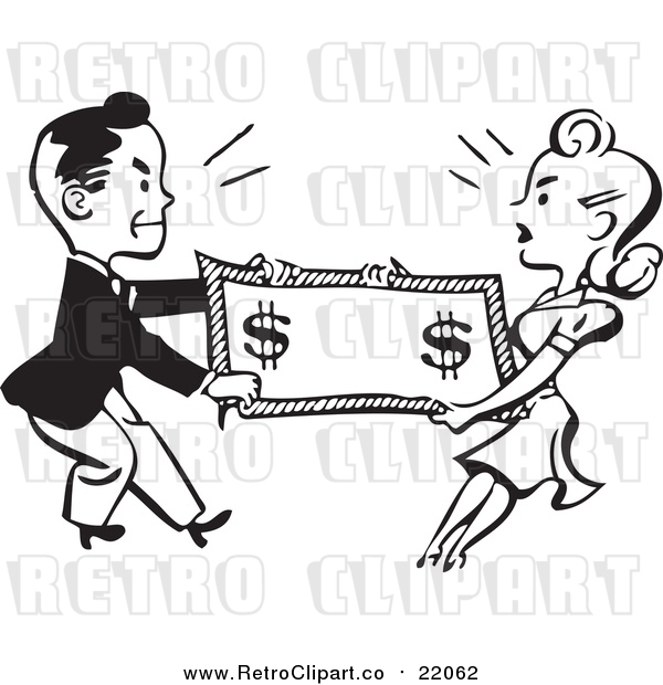Vector Clipart of a Retro Black and White Man and Woman Fighting over Money