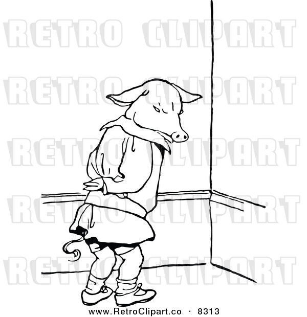 Vector Clipart of a Retro Black and White Naughty Pig in Time out