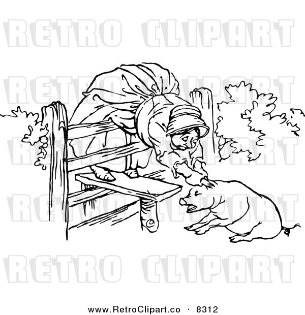 Vector Clipart of a Retro Black and White Old Woman and Pig