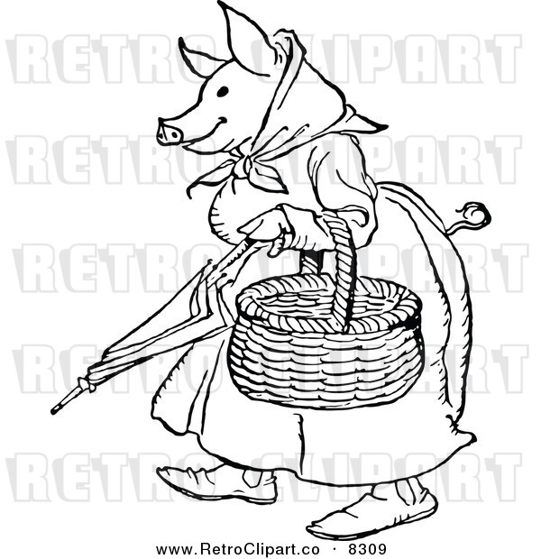 Vector Clipart of a Retro Black and White Pig Lady