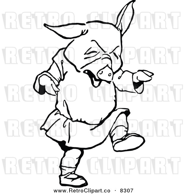 Vector Clipart of a Retro Black and White Pig Throwing a Tantrum