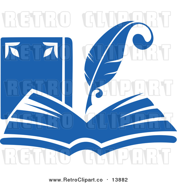 Vector Clipart of a Retro Blue Quill Pen Writing in an Open Book