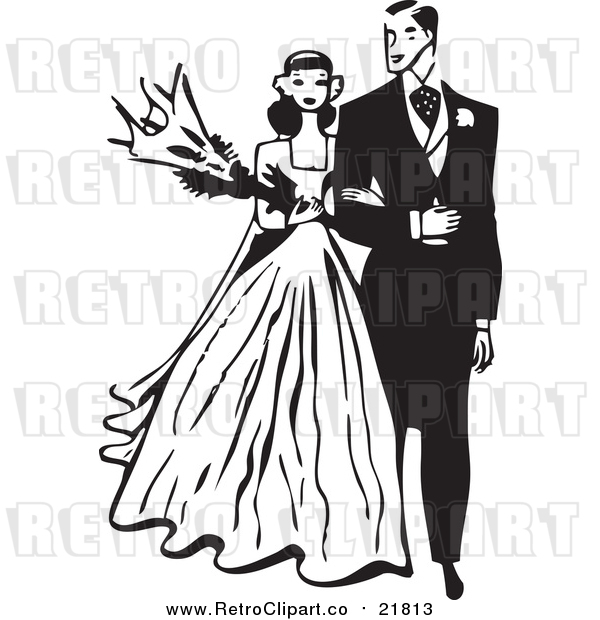 Vector Clipart of a Retro Bride and Groom Walking Arm in Arm