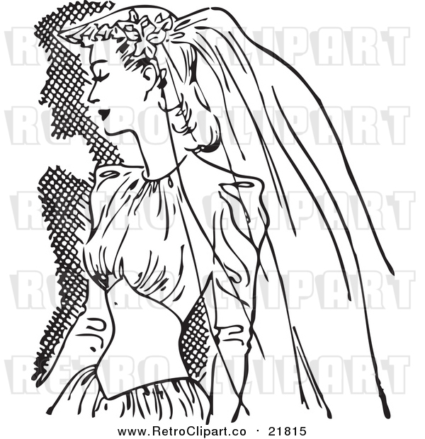 Vector Clipart of a Retro Bride in a Veil and Dress