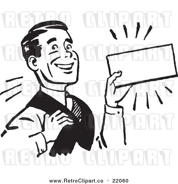 Vector Clipart of a Retro Business Man Presenting a Blank Sign