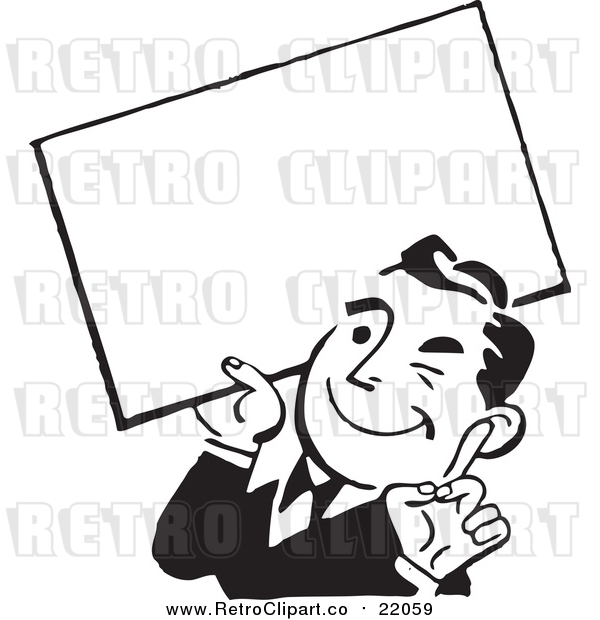 Vector Clipart of a Retro Business Man Winking and Holding a Blank Sign