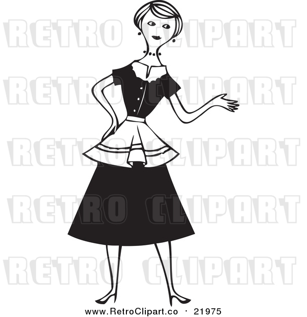 Vector Clipart of a Retro House Wife Presenting with One Hand