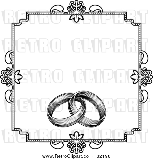Vector Clipart of a Retro Invitation with Wedding Rings - Black and White