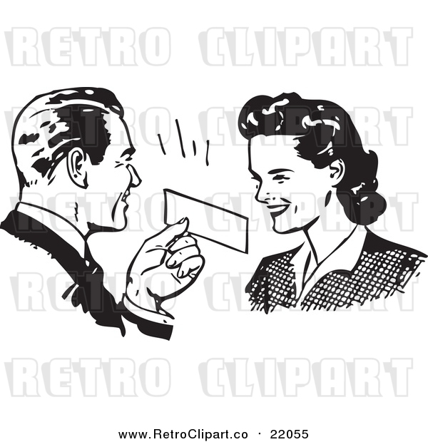 Vector Clipart of a Retro Man Presenting a Coupon to a Woman