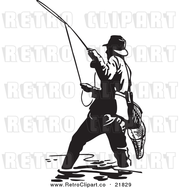 Vector Clipart of a Retro Wading Fisherman Casting a Line