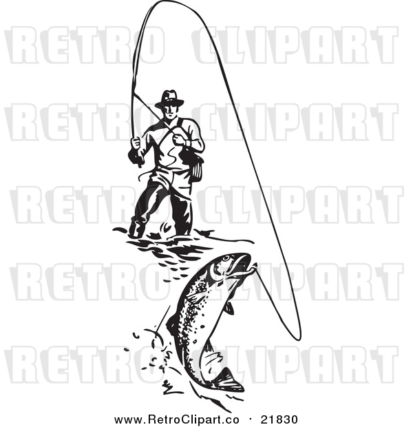 Vector Clipart of a Retro Wading Fisherman Reeling in a Fish