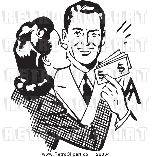 Vector Clipart of a Retro Wife Kissing Her Husband on the Cheek As He Hands Her Money