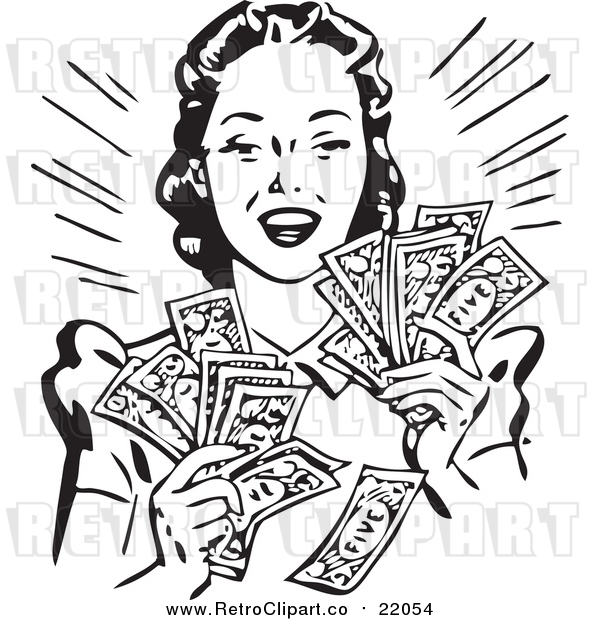 Vector Clipart of a Retro Woman Holding Handfulls of Cash