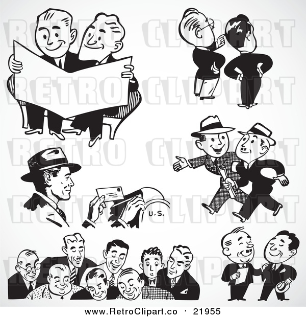 Vector Clipart of Black and White Retro Mail Man and Business Men