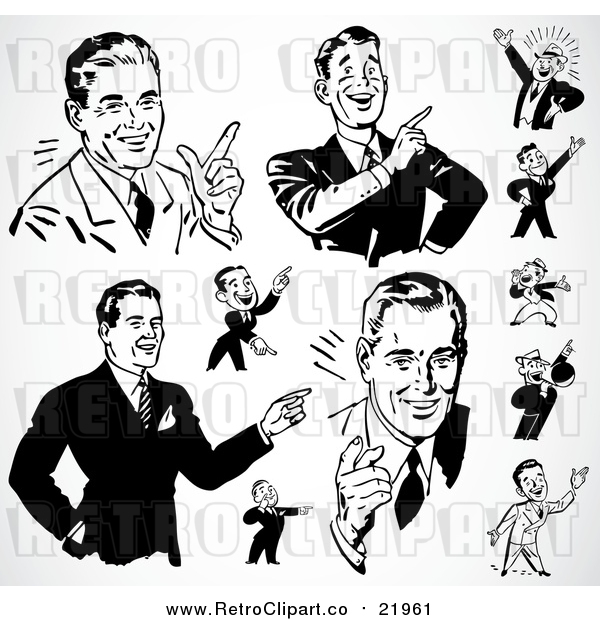 Vector Clipart of Black and White Retro Pointing Businessmen