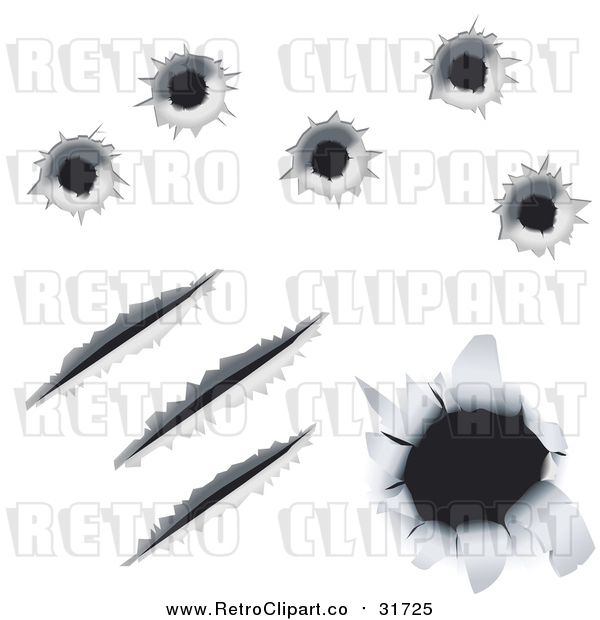 Vector Clipart of Bullet Holes and Gashes in Metal, over a White Background