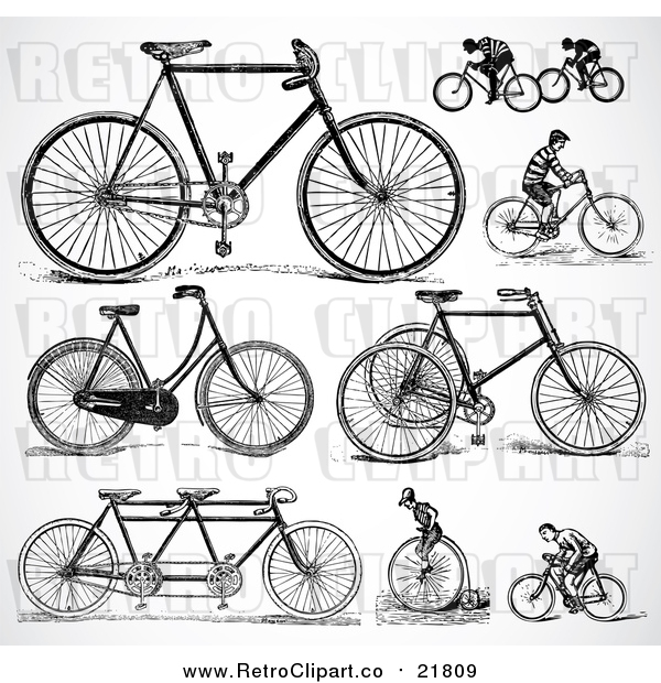 Vector Clipart of Retro Black and White Bicycles and People Riding Bikes