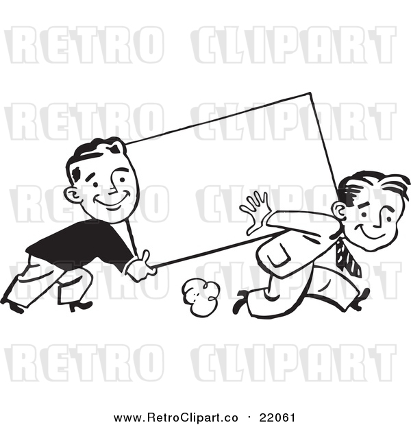 Vector Clipart of Retro Black and White Business Men Carrying a Blank Sign