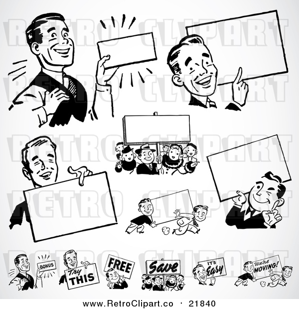 Vector Clipart of Retro Black and White Businessmen with Blank Signs