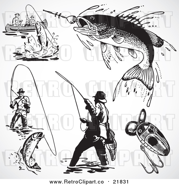 Vector Clipart of Retro Black and White Fishermen and Fish
