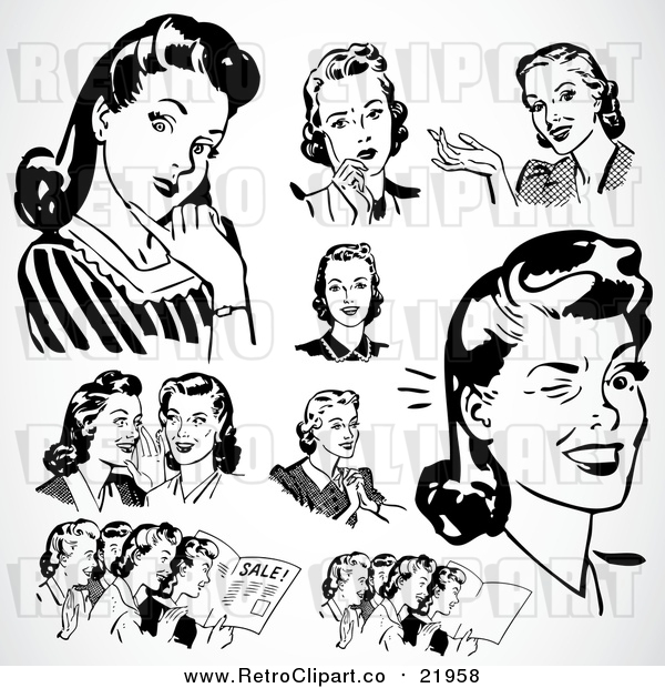 Vector Clipart of Retro Black and White Ladies Thinking and Talking