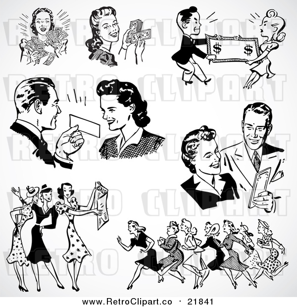 Vector Clipart of Retro Black and White Men and Women Shopping