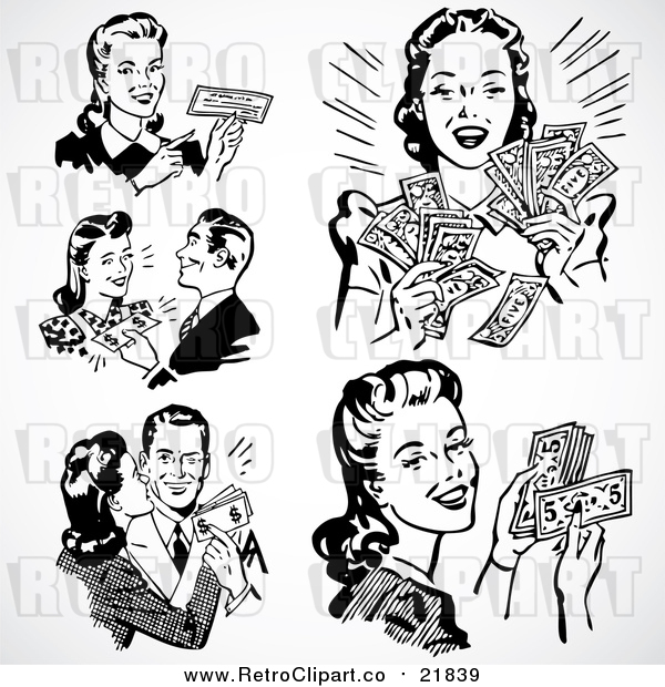 Vector Clipart of Retro Black and White Men and Women with Cash and a Check