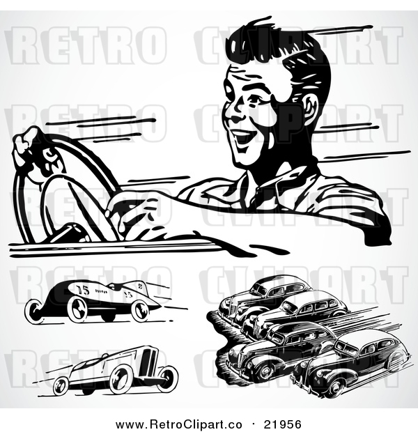 Vector Clipart of Retro Black and White Racing Cars