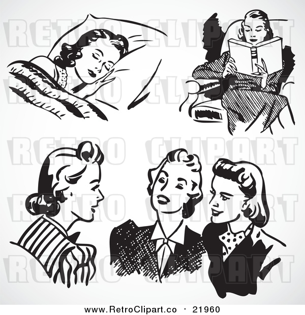 Vector Clipart of Retro Black and White Women Sleeping, Reading and Chatting