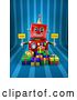 Clip Art of Retro 3d Red Robot Holding Happy Bday Signs over Gift Boxes on Blue Stripes by Stockillustrations