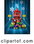 Clip Art of Retro 3d Red Robot Holding Merry X Mas Signs over Gift Boxes on Blue with Snowflakes by Stockillustrations