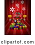 Clip Art of Retro 3d Red Robot Holding Merry X Mas Signs over Gift Boxes on Red with Snowflakes by Stockillustrations