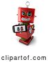 Clip Art of Retro 3d Red Robot Holding up a Smart Phone with a Picture on the Screen by Stockillustrations
