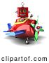 Clip Art of Retro 3d Red Robot Waving and Sitting in a Plane by Stockillustrations